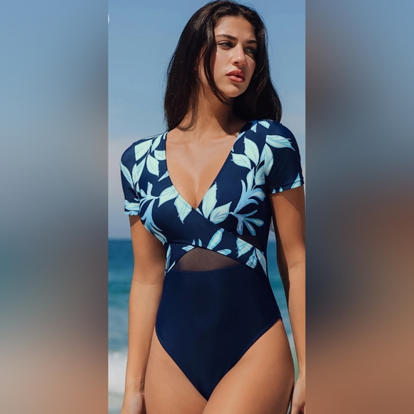Cupshe Other - NWT CUPSHE Tropical Leaf Wrap Front Mesh Rashguard One Piece Swimsuit, L…